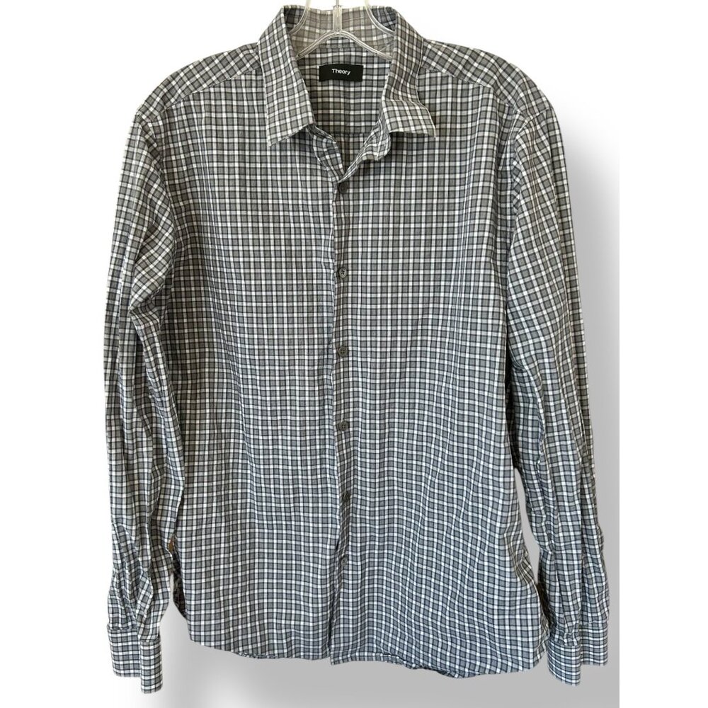 Theory Sylvain Chambray Grid Gray Blue Cotton Plaid Shirt